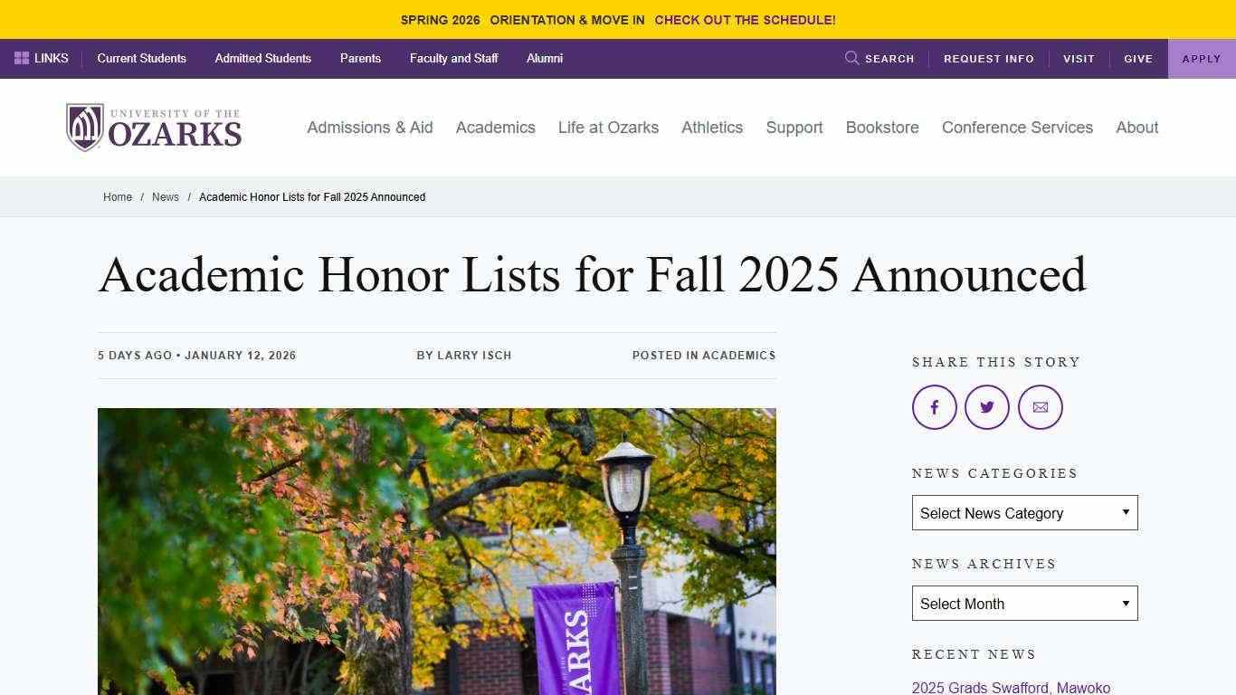 Academic Honor Lists for Fall 2025 Announced - University of the Ozarks